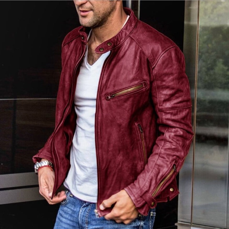 Caleb | Stand Collar Slim Leather Jacket