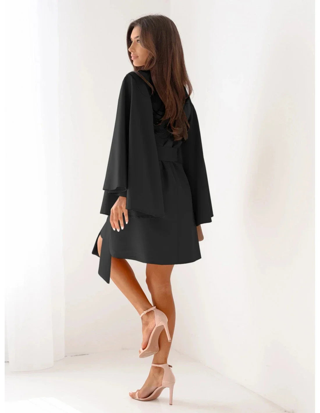 Long sleeve belted mini dress with wide cape-style sleeves and round neck - view 2