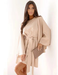 Long sleeve belted mini dress with wide cape-style sleeves and round neck - view 4