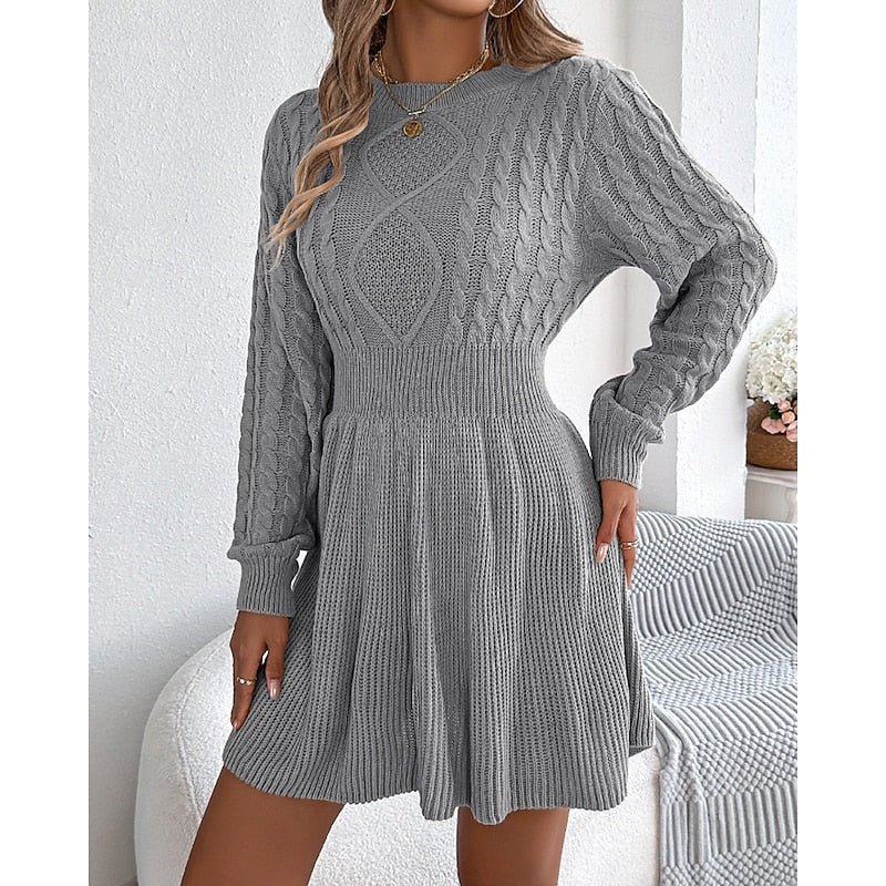 Cable knit mini sweater dress with diamond bodice, ribbed waist and flared skirt - view 3