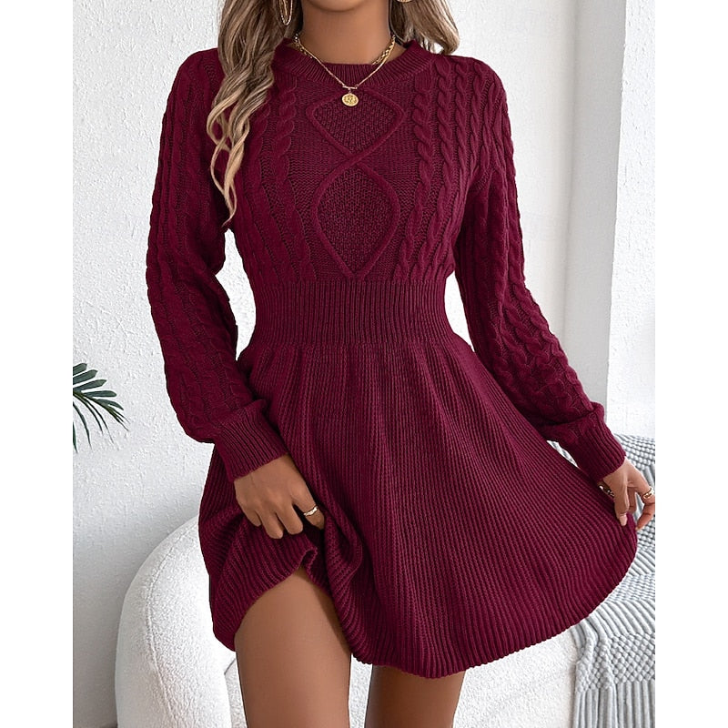 Cable knit mini sweater dress with diamond bodice, ribbed waist and flared skirt - view 6