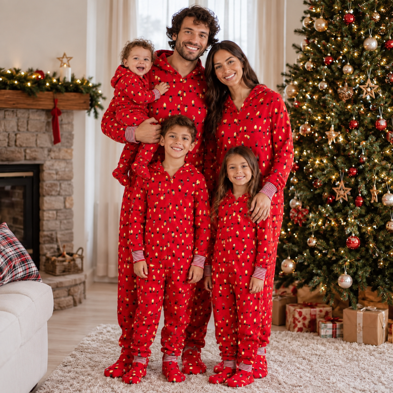 Red hooded footed Christmas pajama jumpsuit with colorful string-light print