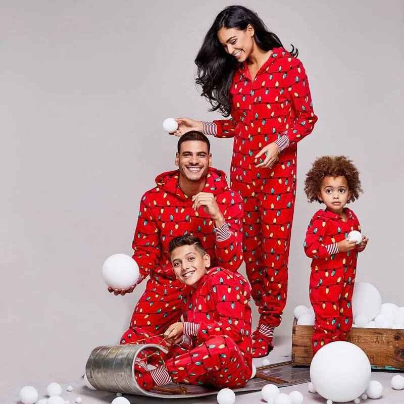 Red hooded footed Christmas pajama jumpsuit with colorful string-light print - view 2