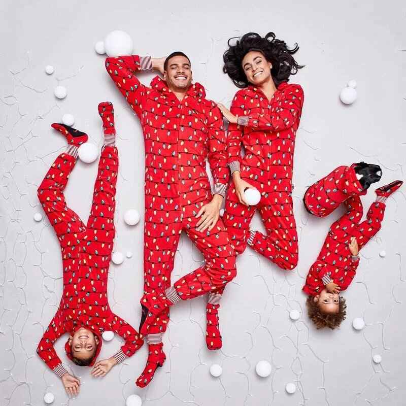 Red hooded footed Christmas pajama jumpsuit with colorful string-light print - view 3
