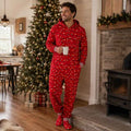 Red hooded footed Christmas pajama jumpsuit with colorful string-light print - view 4