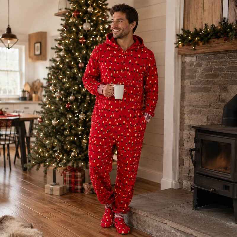Red hooded footed Christmas pajama jumpsuit with colorful string-light print - view 4