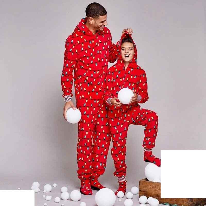 Red hooded footed Christmas pajama jumpsuit with colorful string-light print - view 8
