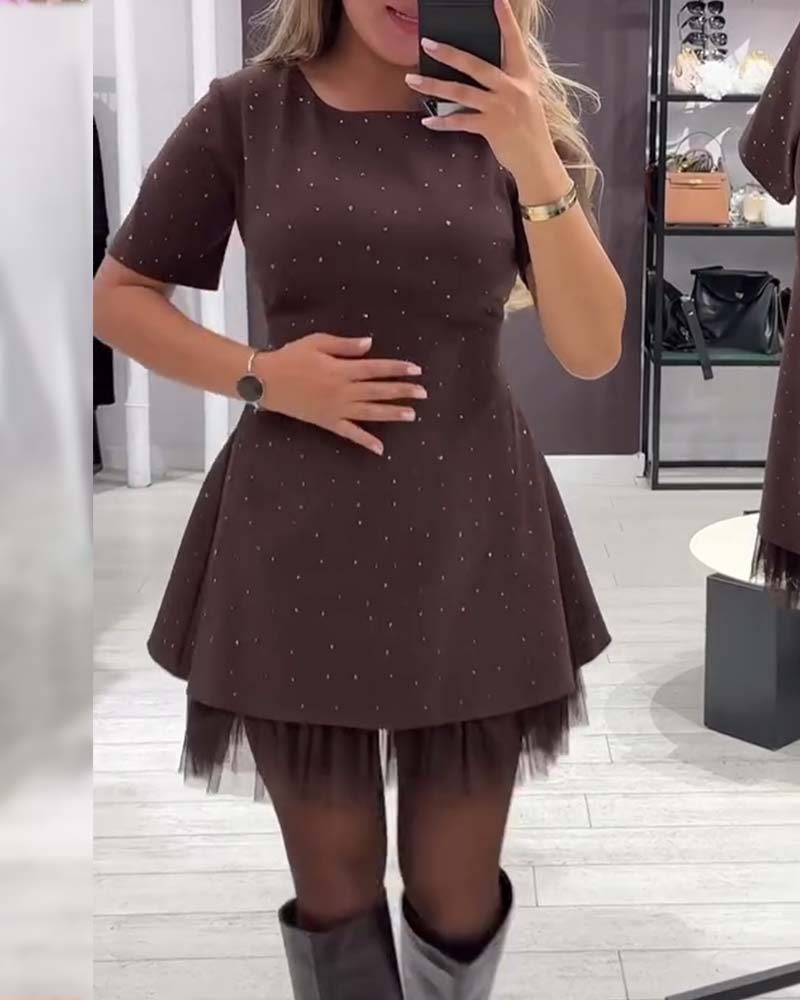 Sparkle A-line mini dress with short sleeves and tulle hem - view 2