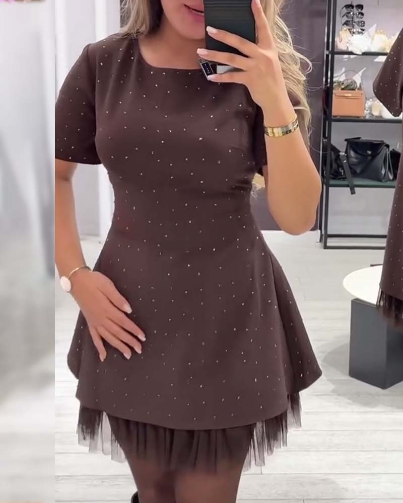 Sparkle A-line mini dress with short sleeves and tulle hem - view 4