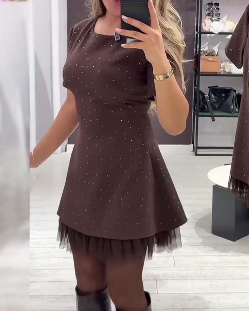 Sparkle A-line mini dress with short sleeves and tulle hem - view 5