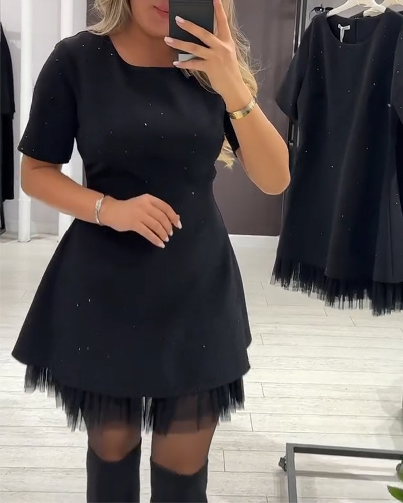 Sparkle A-line mini dress with short sleeves and tulle hem - view 8
