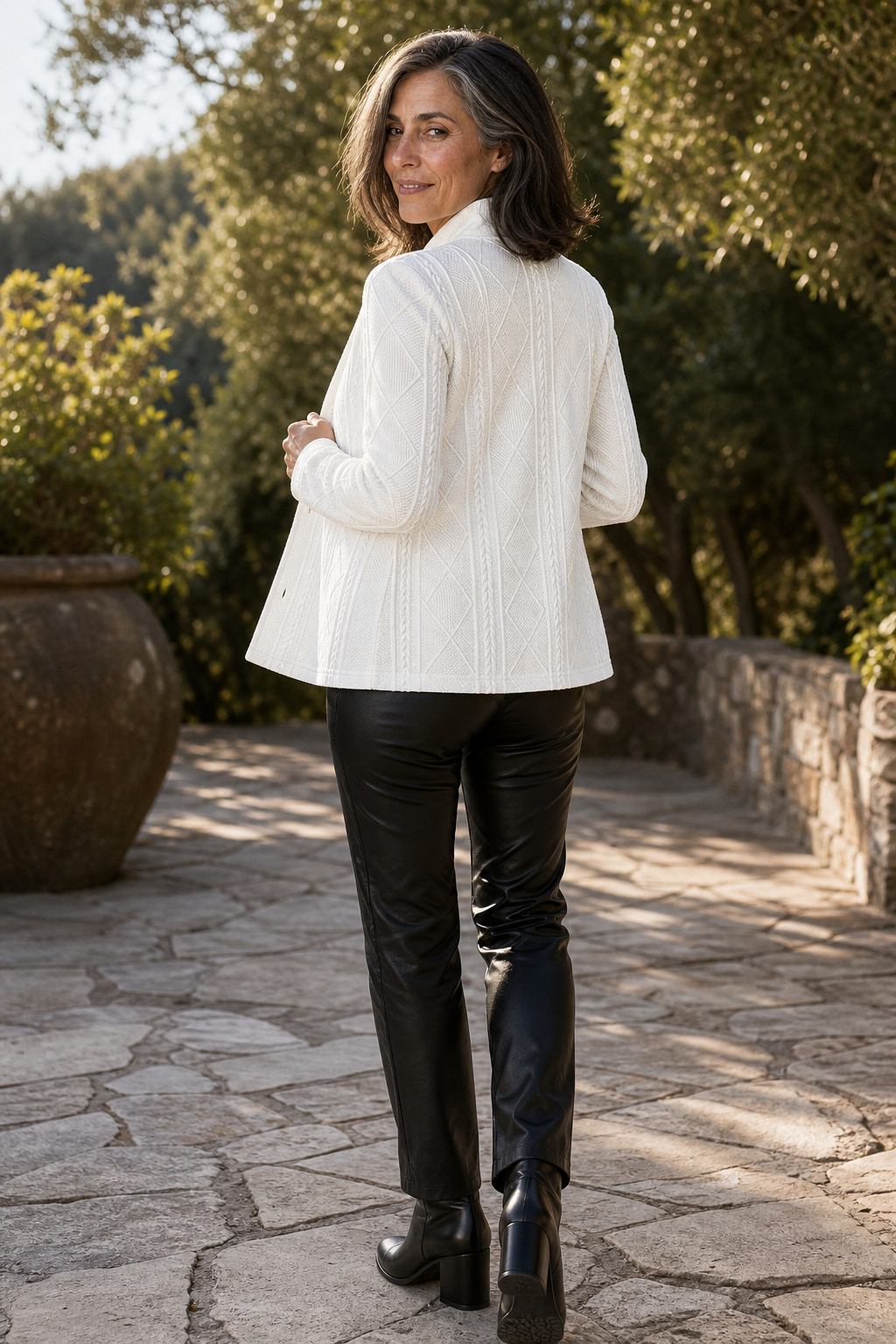 White button front textured blazer with stand collar worn over a white top - view 4
