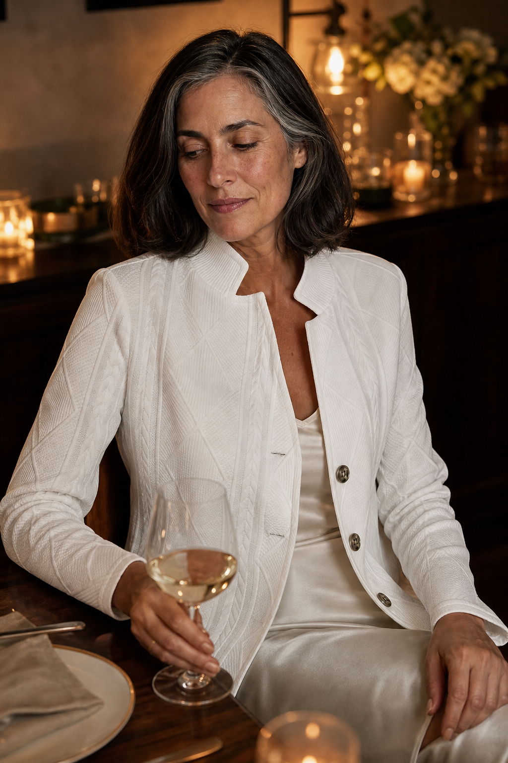 White button front textured blazer with stand collar worn over a white top - view 5