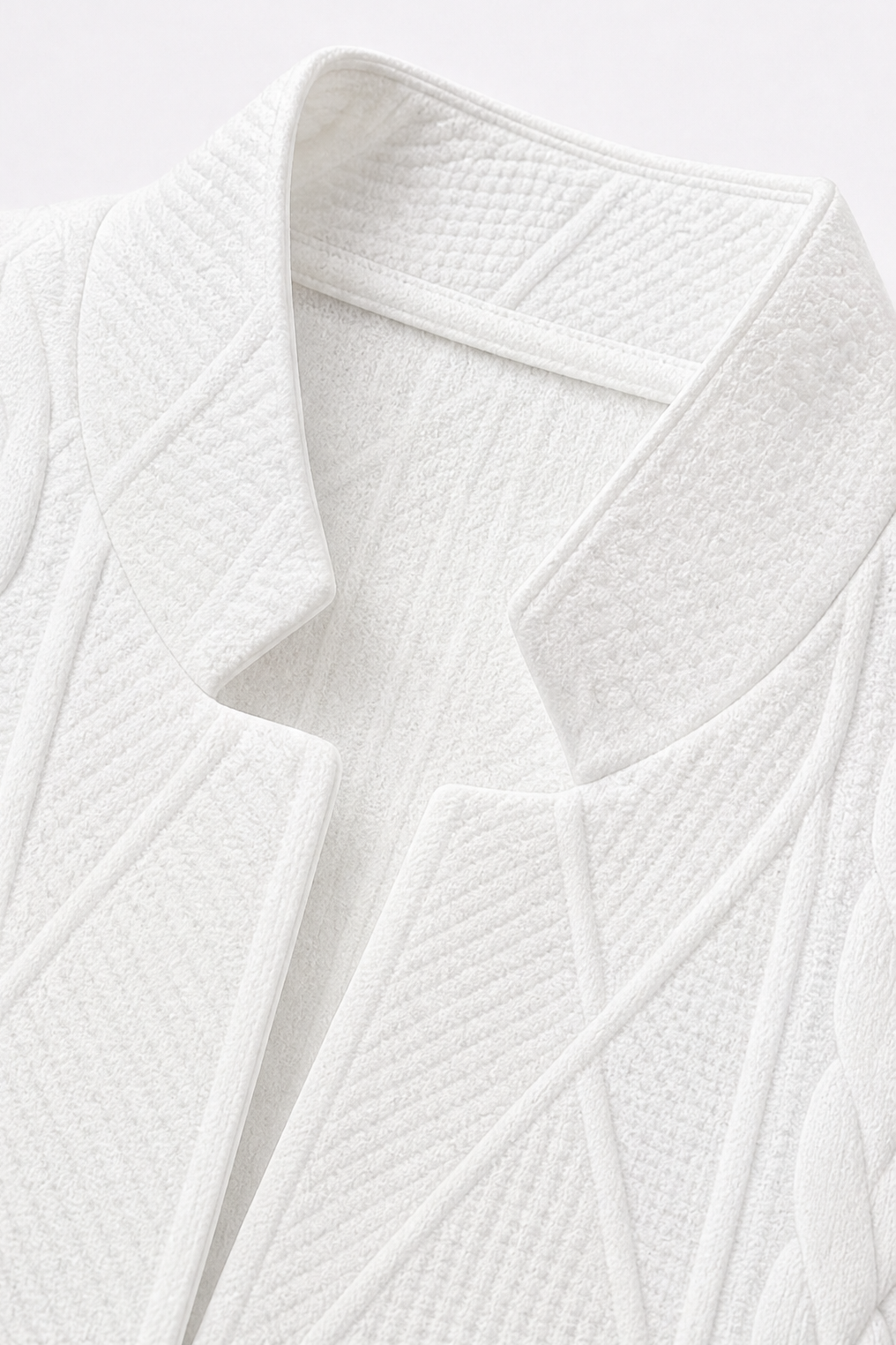 White button front textured blazer with stand collar worn over a white top - view 6