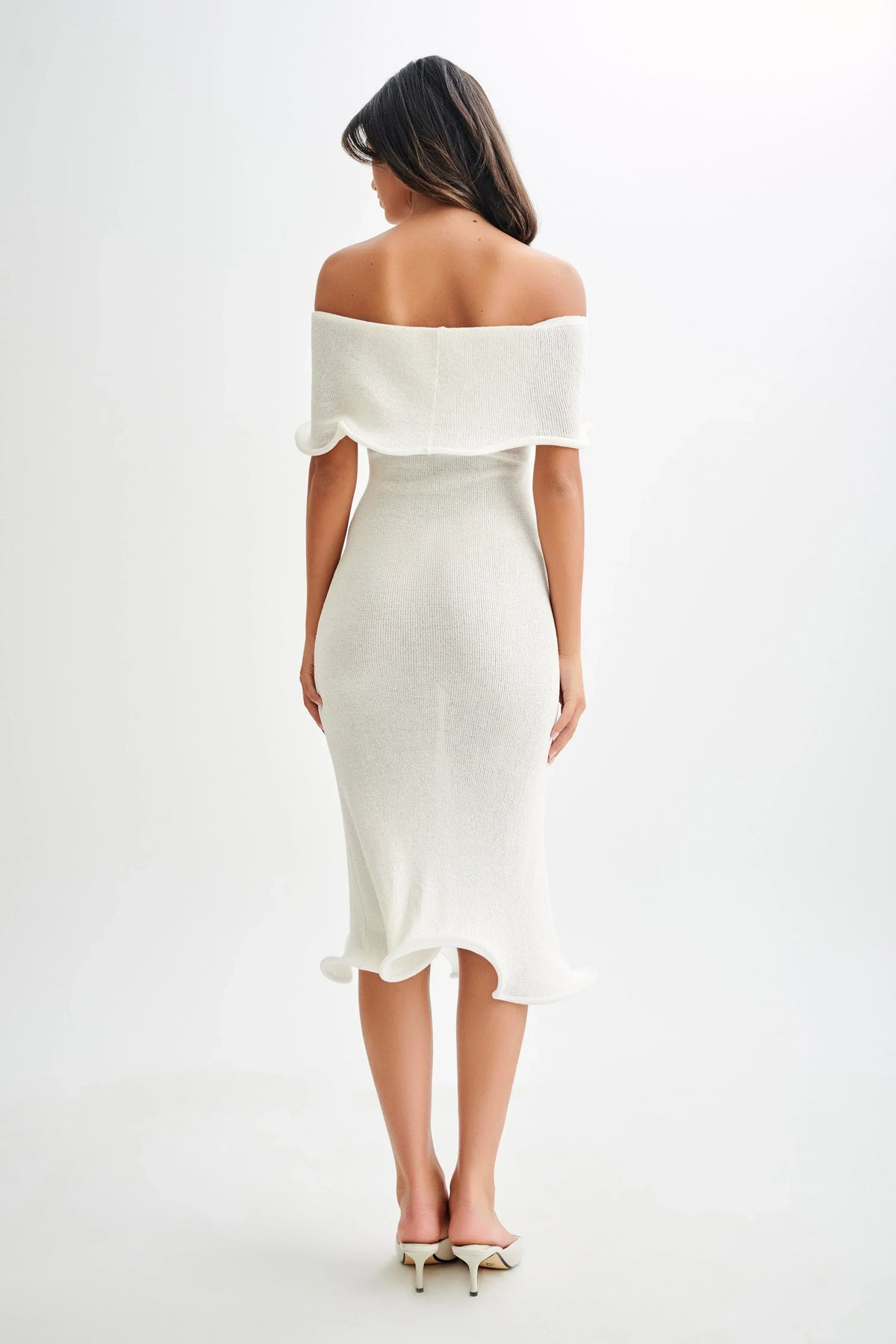 Off shoulder ribbed knit midi dress with folded bardot neckline and fluted ruffle hem - view 2