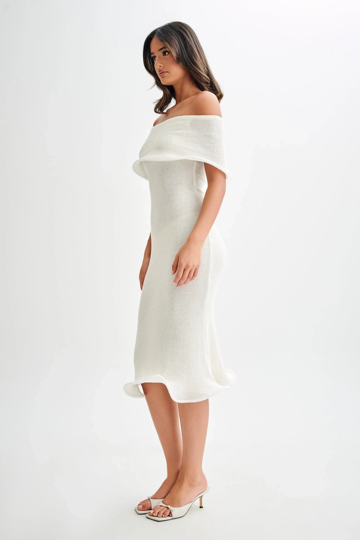 Off shoulder ribbed knit midi dress with folded bardot neckline and fluted ruffle hem - view 4