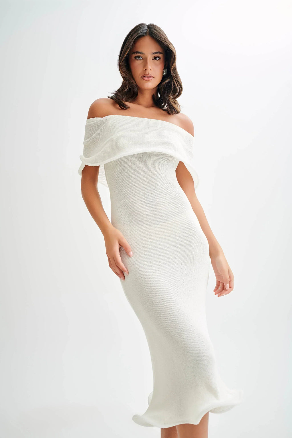 Off shoulder ribbed knit midi dress with folded bardot neckline and fluted ruffle hem - view 5