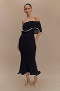 Off shoulder ribbed knit midi dress with folded bardot neckline and fluted ruffle hem - view 6