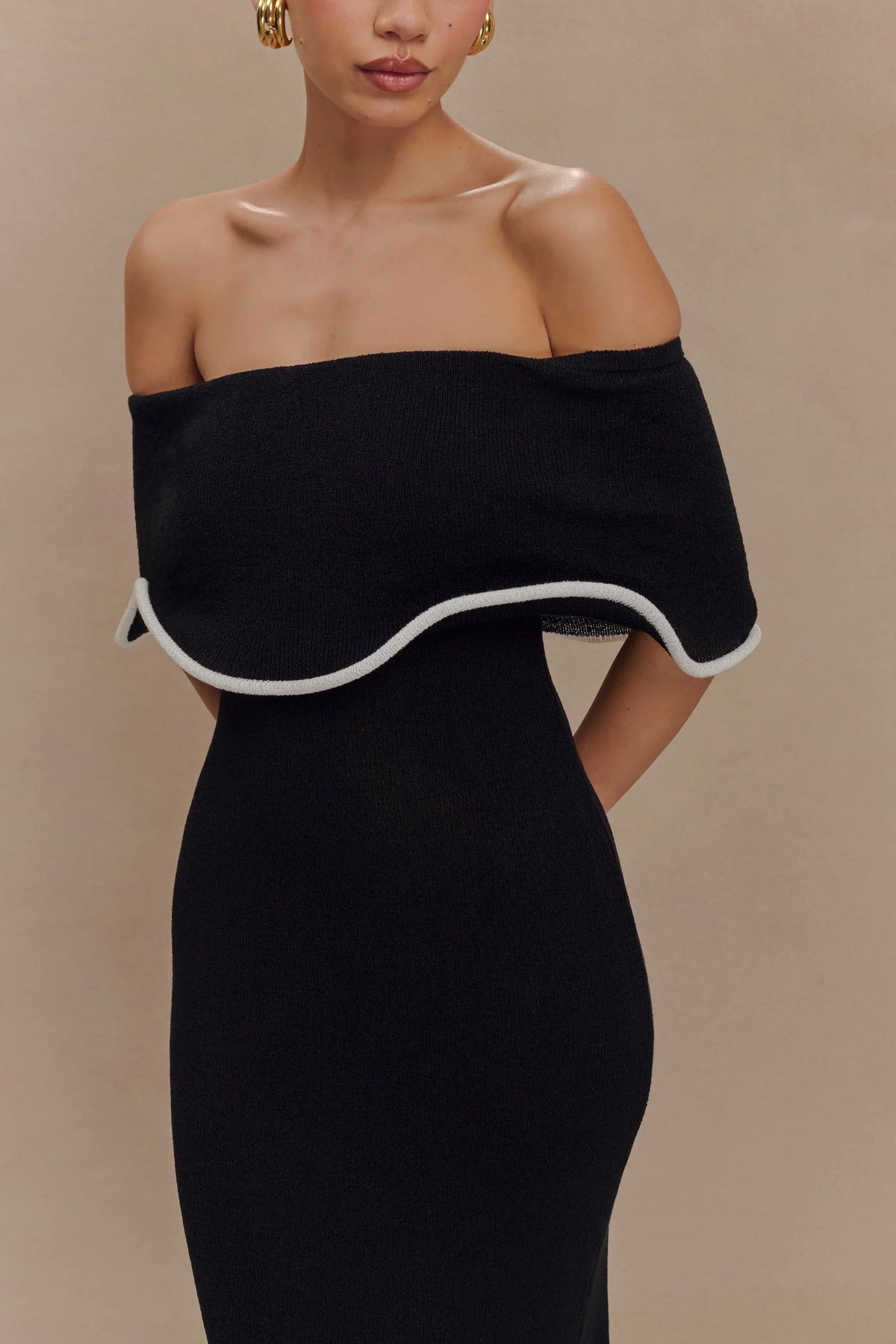 Off shoulder ribbed knit midi dress with folded bardot neckline and fluted ruffle hem - view 8