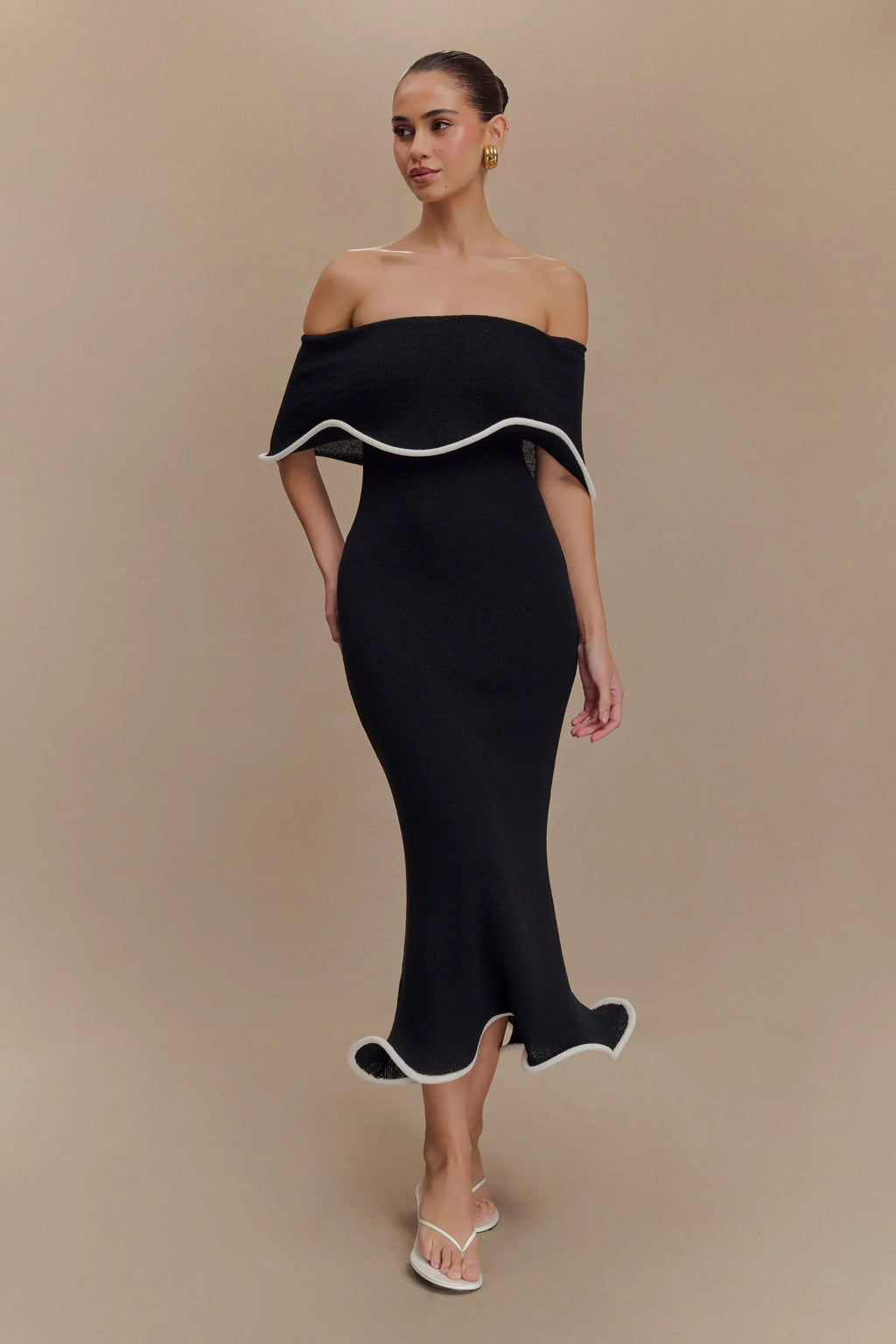 Off shoulder ribbed knit midi dress with folded bardot neckline and fluted ruffle hem - view 9