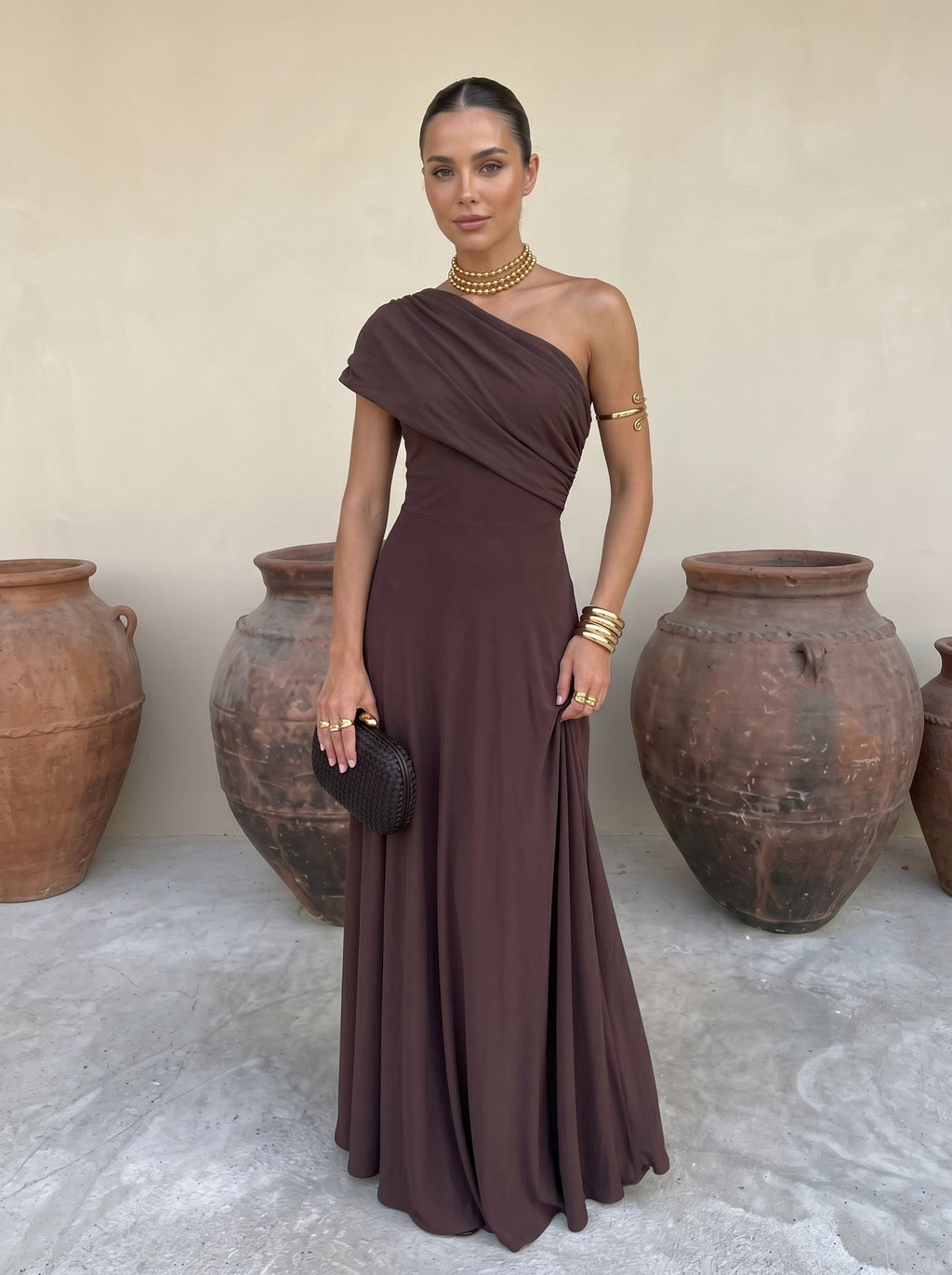 Draped mesh maxi evening dress with ruched neckline and flowing floor-length skirt