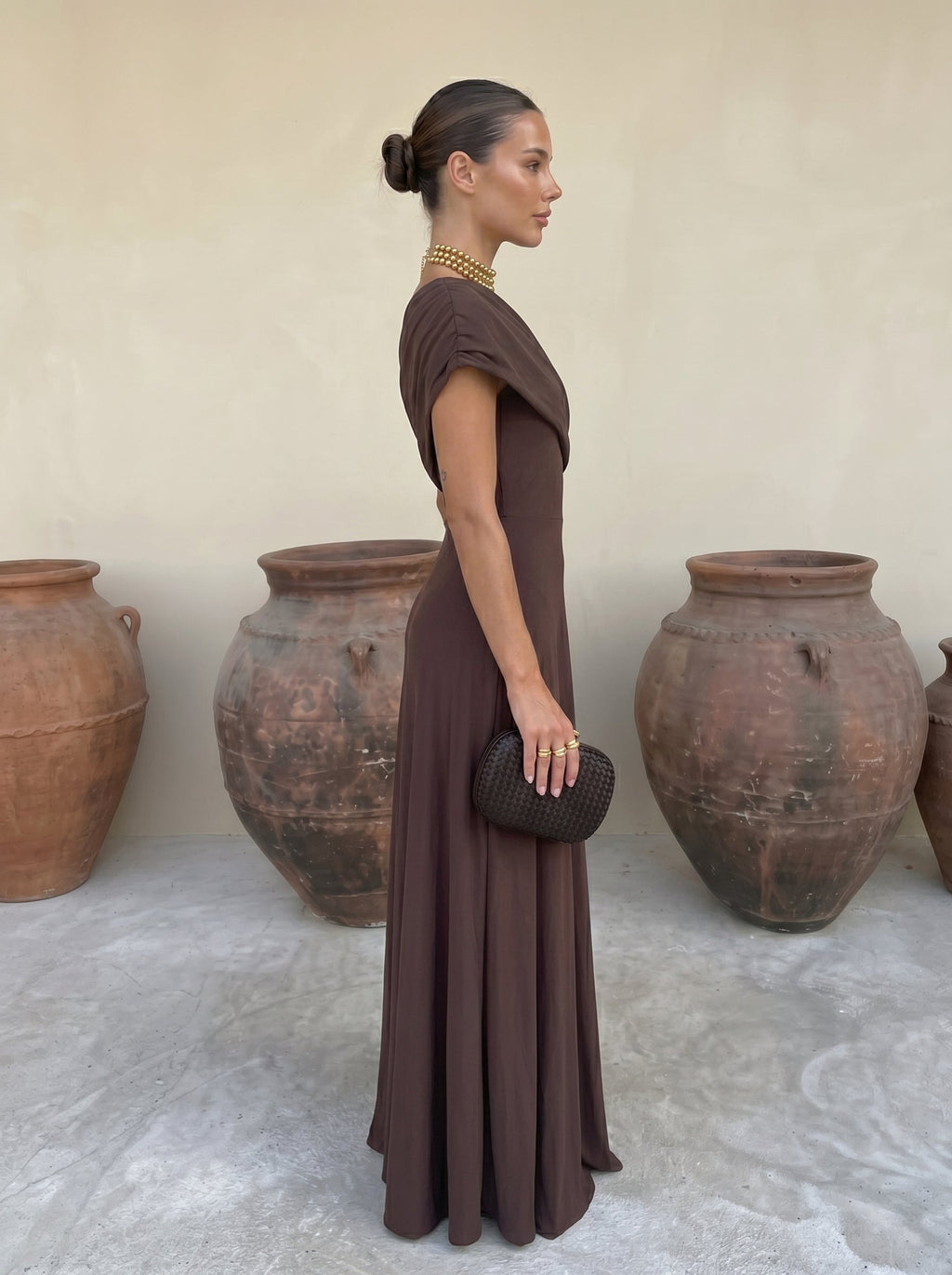 Draped mesh maxi evening dress with ruched neckline and flowing floor-length skirt - view 10