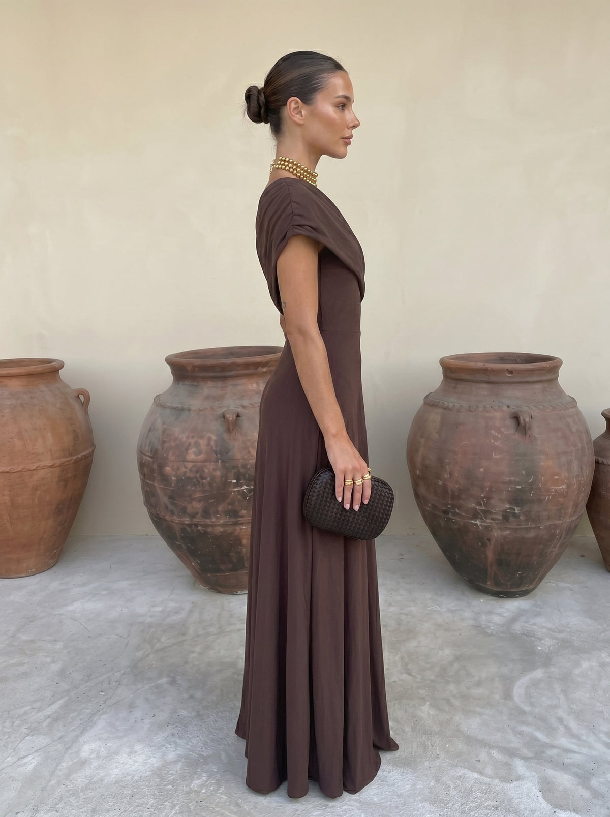 Draped mesh maxi evening dress with ruched neckline and flowing floor-length skirt - view 10