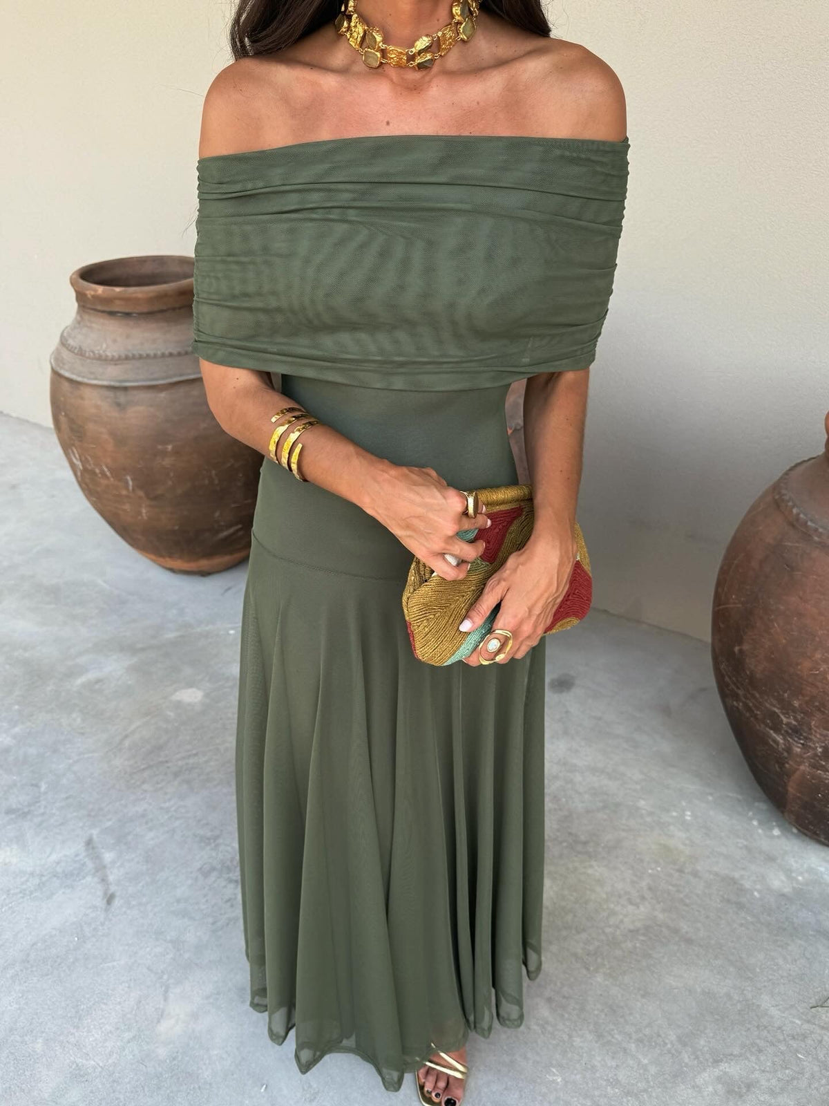 Draped mesh maxi evening dress with ruched neckline and flowing floor-length skirt - view 2
