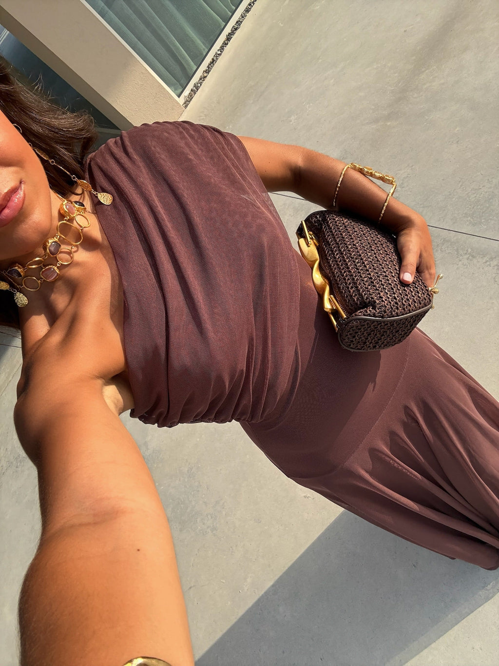 Draped mesh maxi evening dress with ruched neckline and flowing floor-length skirt - view 4
