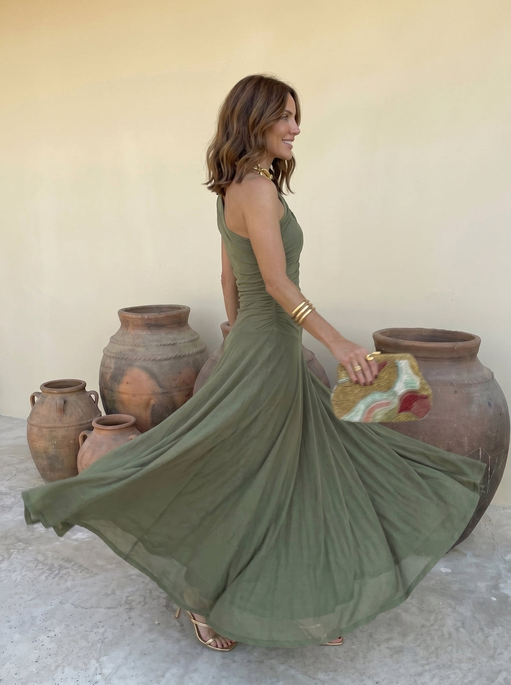 Draped mesh maxi evening dress with ruched neckline and flowing floor-length skirt - view 7