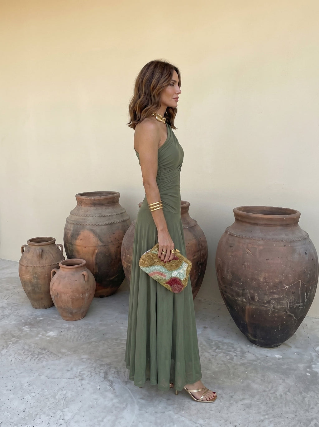 Draped mesh maxi evening dress with ruched neckline and flowing floor-length skirt - view 8
