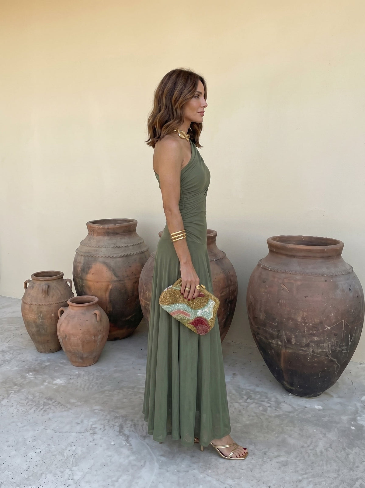 Draped mesh maxi evening dress with ruched neckline and flowing floor-length skirt - view 8