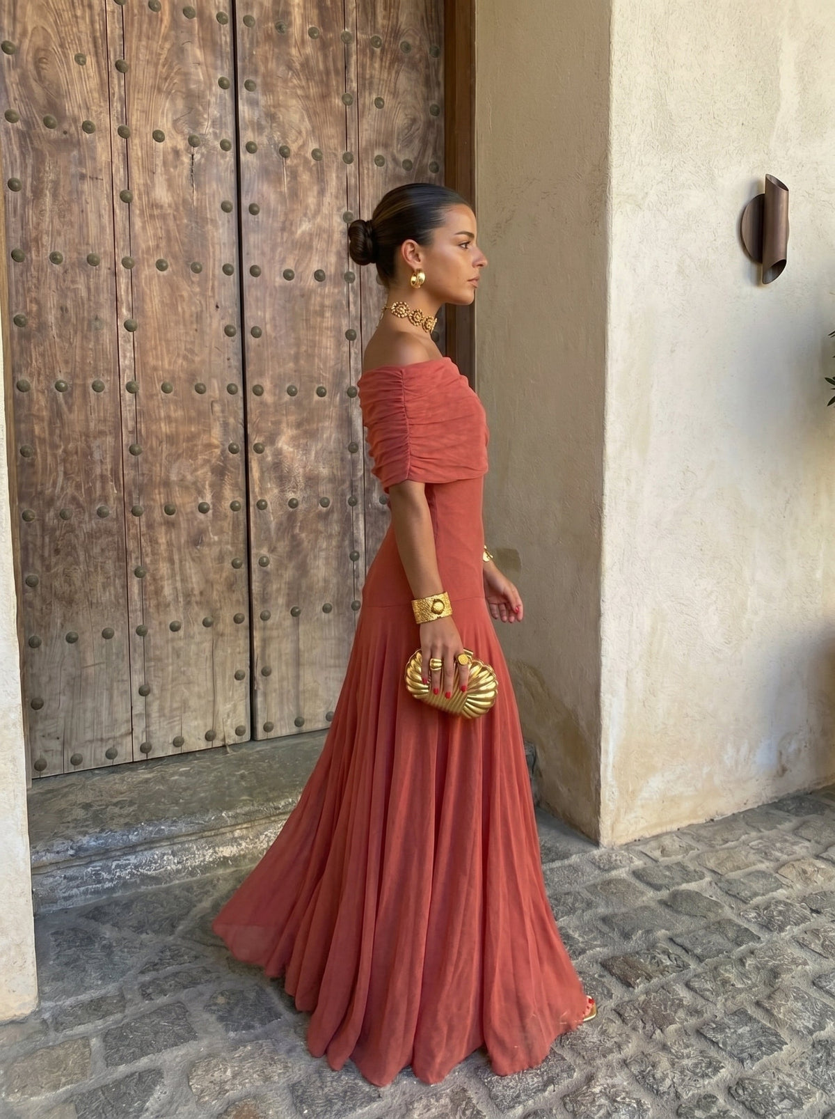 Draped mesh maxi evening dress with ruched neckline and flowing floor-length skirt - view 9