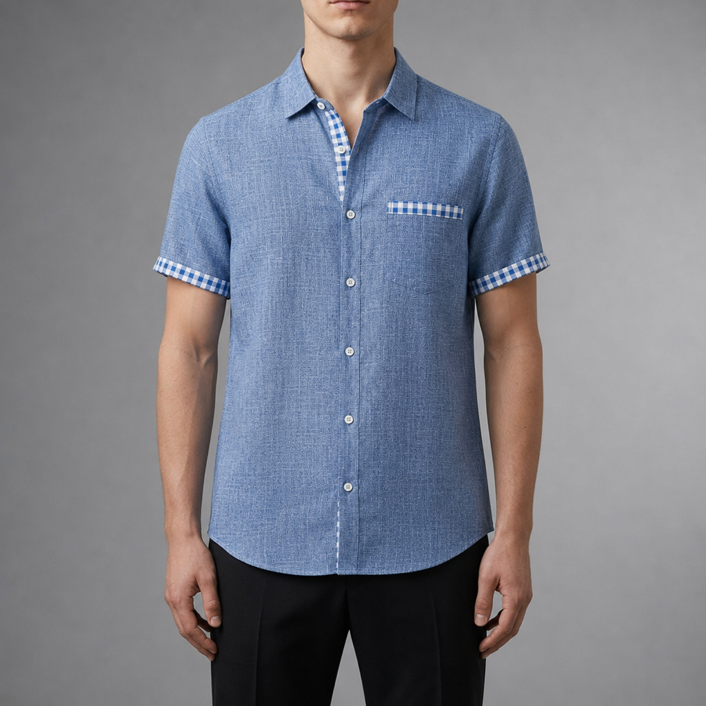 Men's short sleeve button up shirt with contrast gingham cuffs, placket and pocket trim