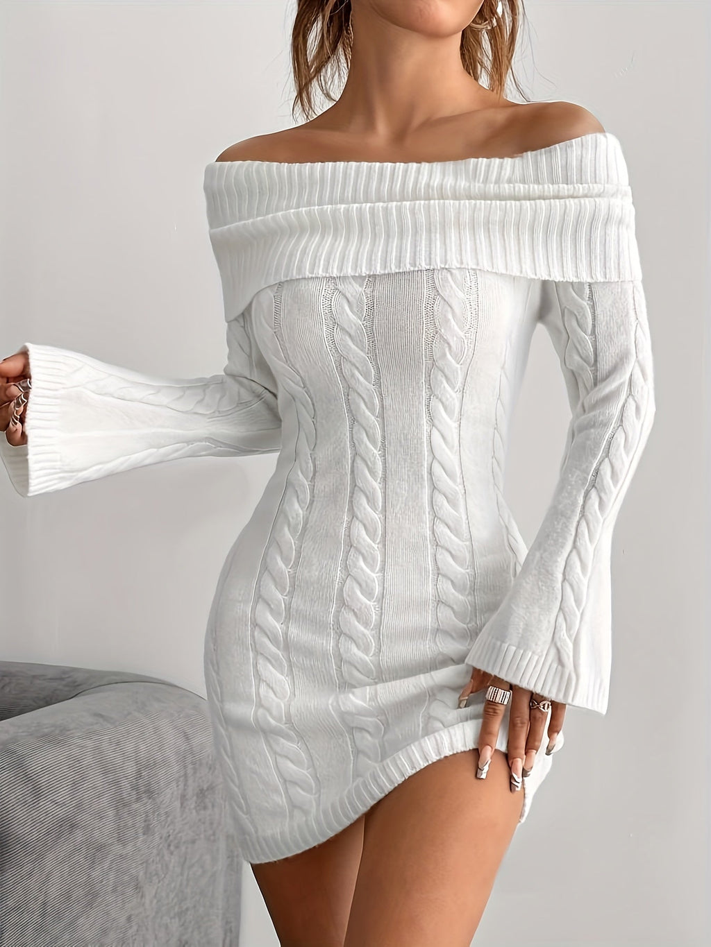Off shoulder cable knit mini dress with flared long sleeves