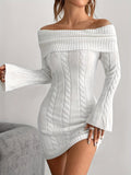 Off shoulder cable knit mini dress with flared long sleeves