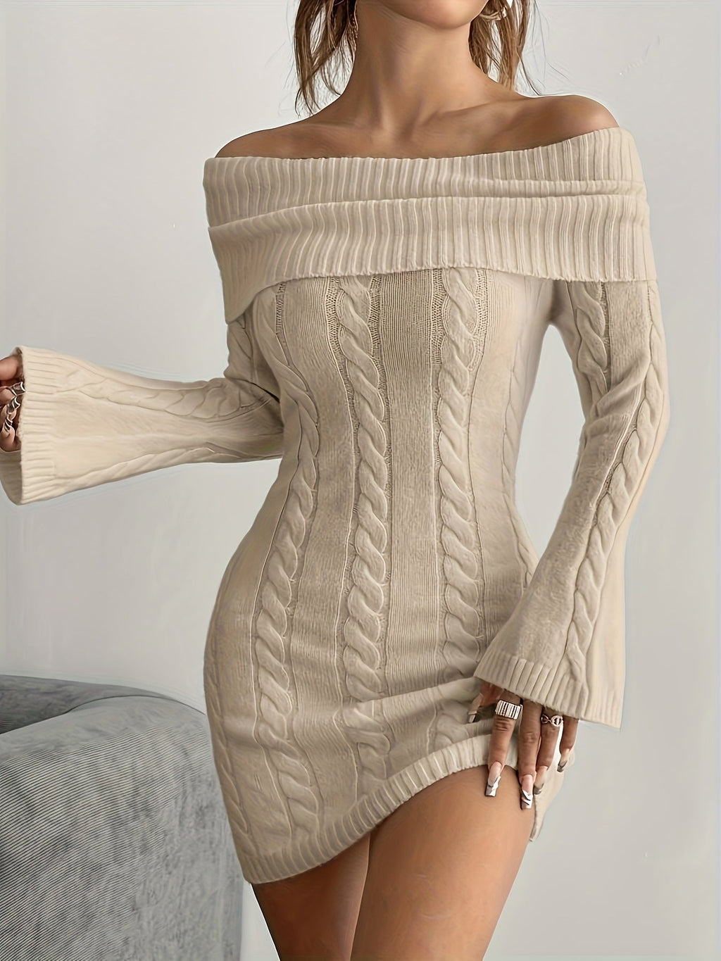 Off shoulder cable knit mini dress with flared long sleeves - view 10