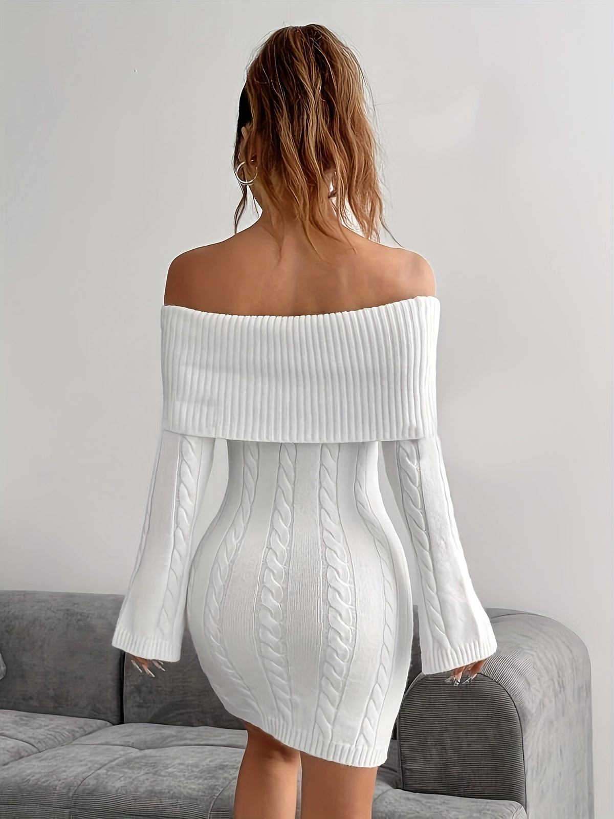 Off shoulder cable knit mini dress with flared long sleeves - view 2