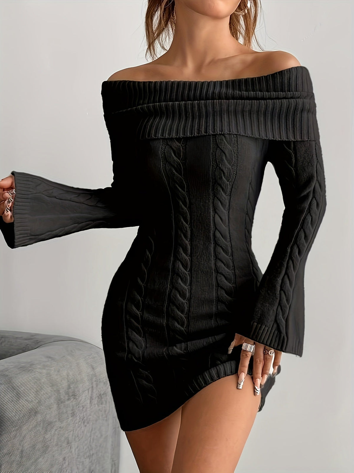 Off shoulder cable knit mini dress with flared long sleeves - view 4