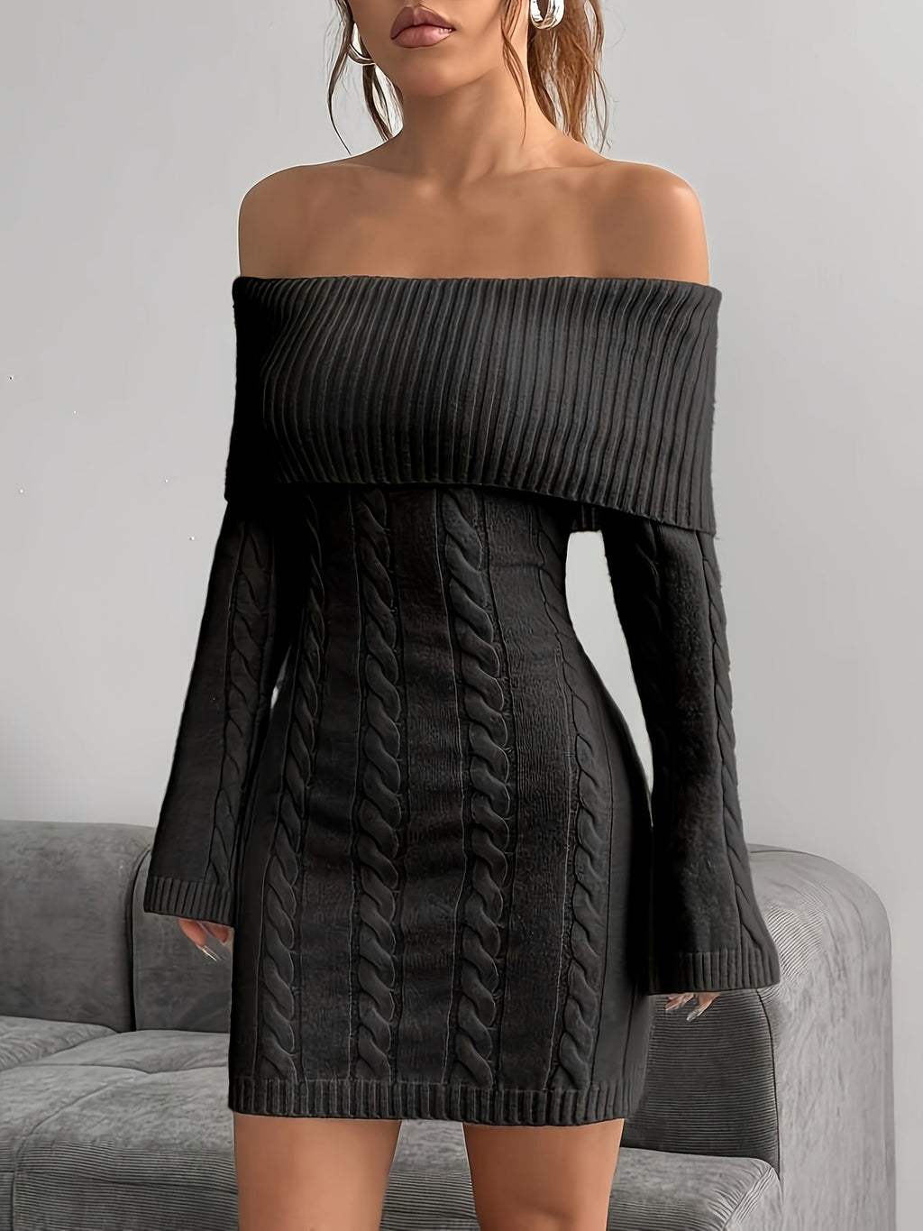 Off shoulder cable knit mini dress with flared long sleeves - view 6