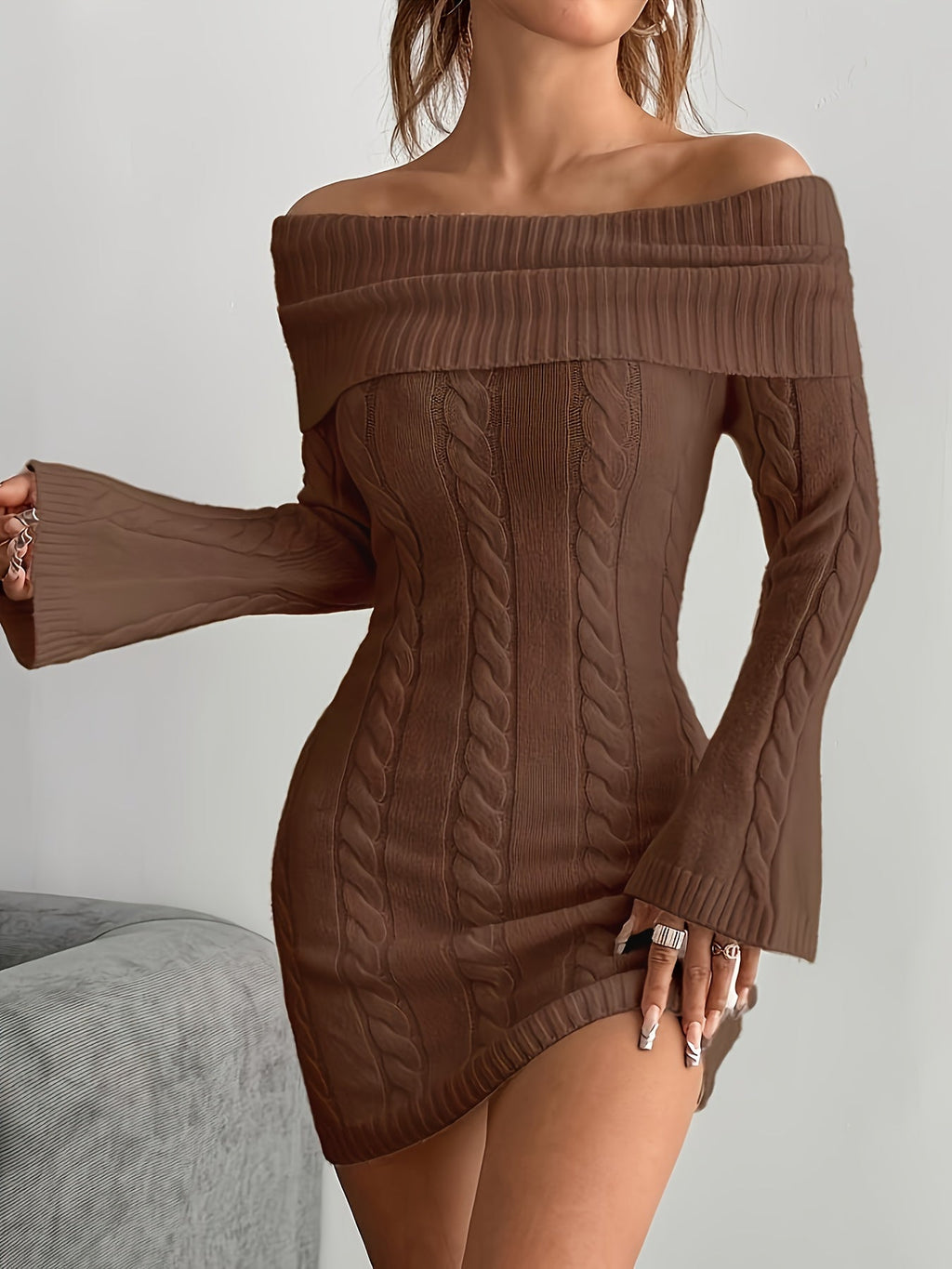 Off shoulder cable knit mini dress with flared long sleeves - view 7