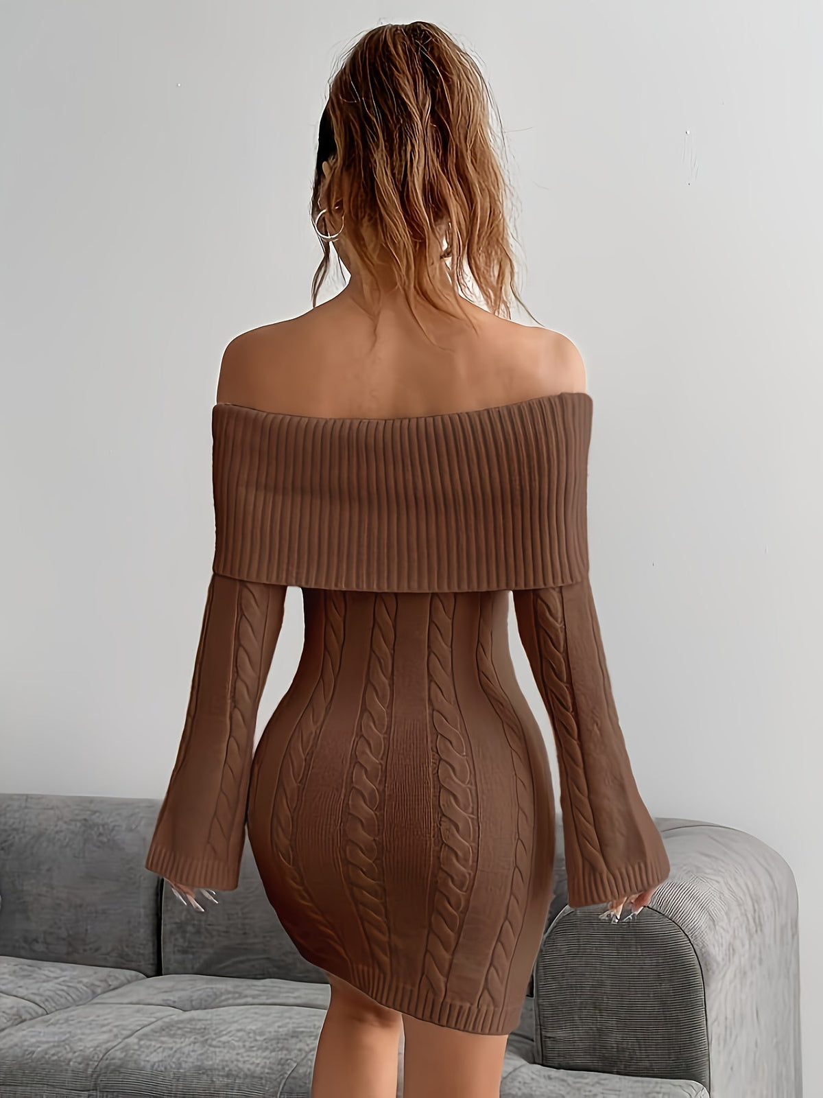 Off shoulder cable knit mini dress with flared long sleeves - view 8