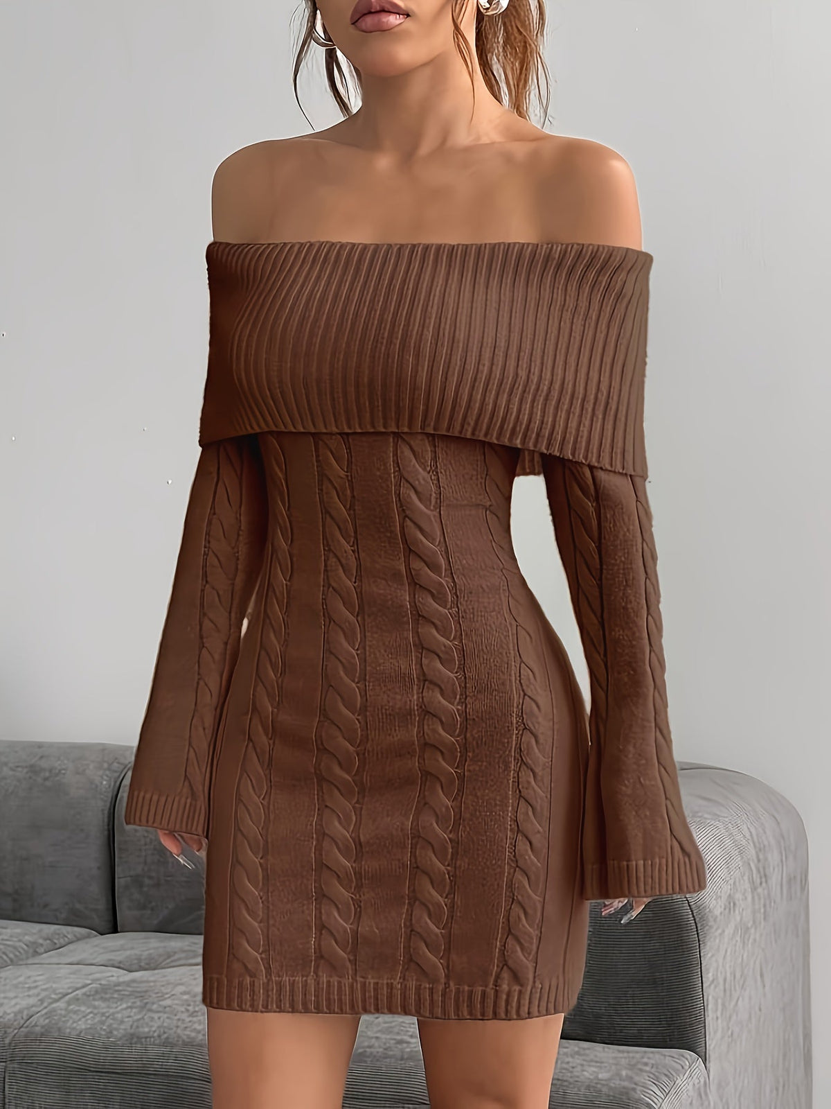 Off shoulder cable knit mini dress with flared long sleeves - view 9