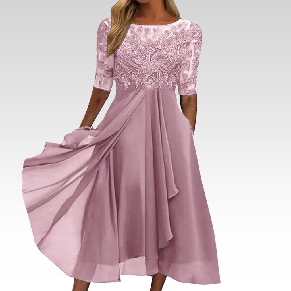 Lace embroidered chiffon midi cocktail dress with half sleeves and draped asymmetric skirt - view 2