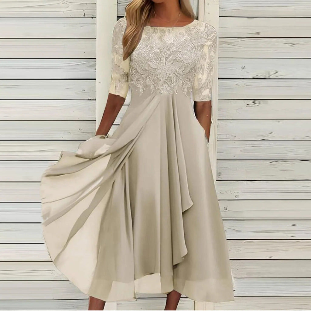 Lace embroidered chiffon midi cocktail dress with half sleeves and draped asymmetric skirt - view 3