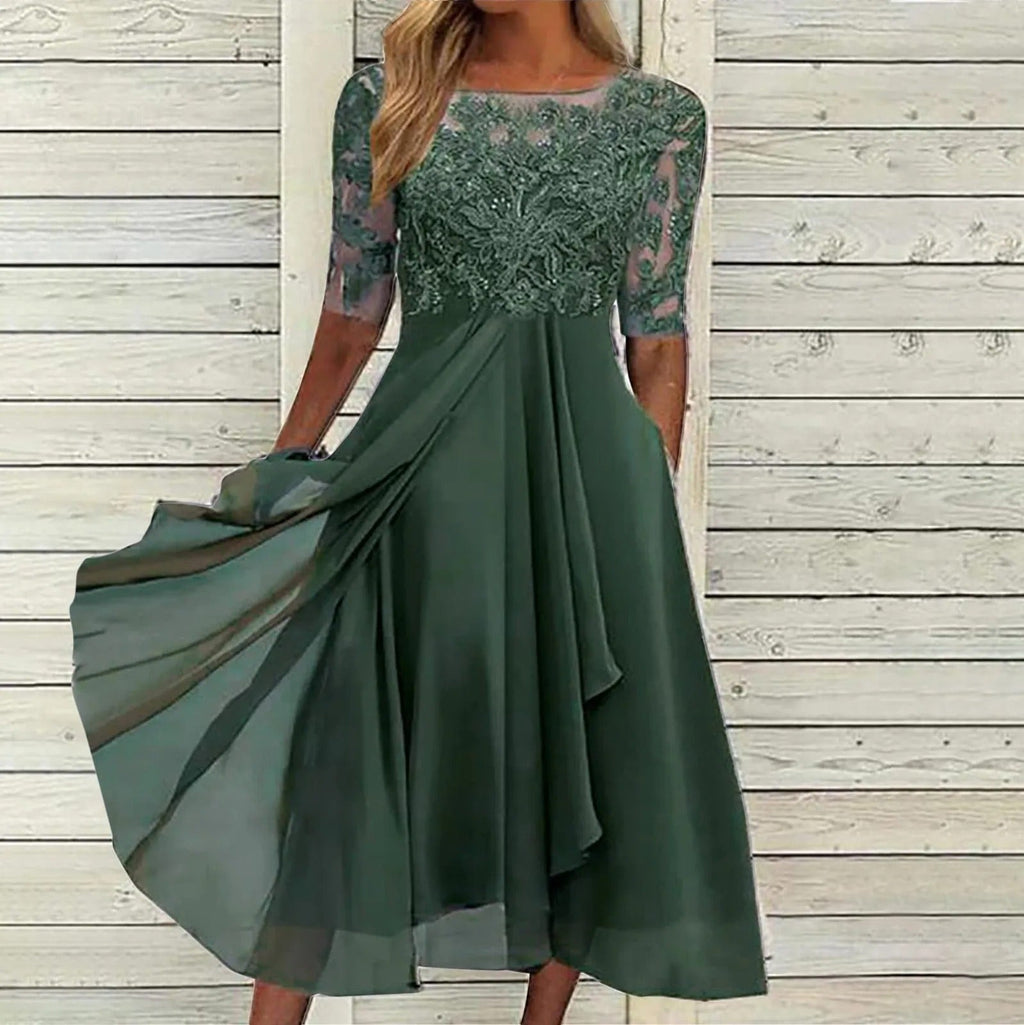 Lace embroidered chiffon midi cocktail dress with half sleeves and draped asymmetric skirt - view 4