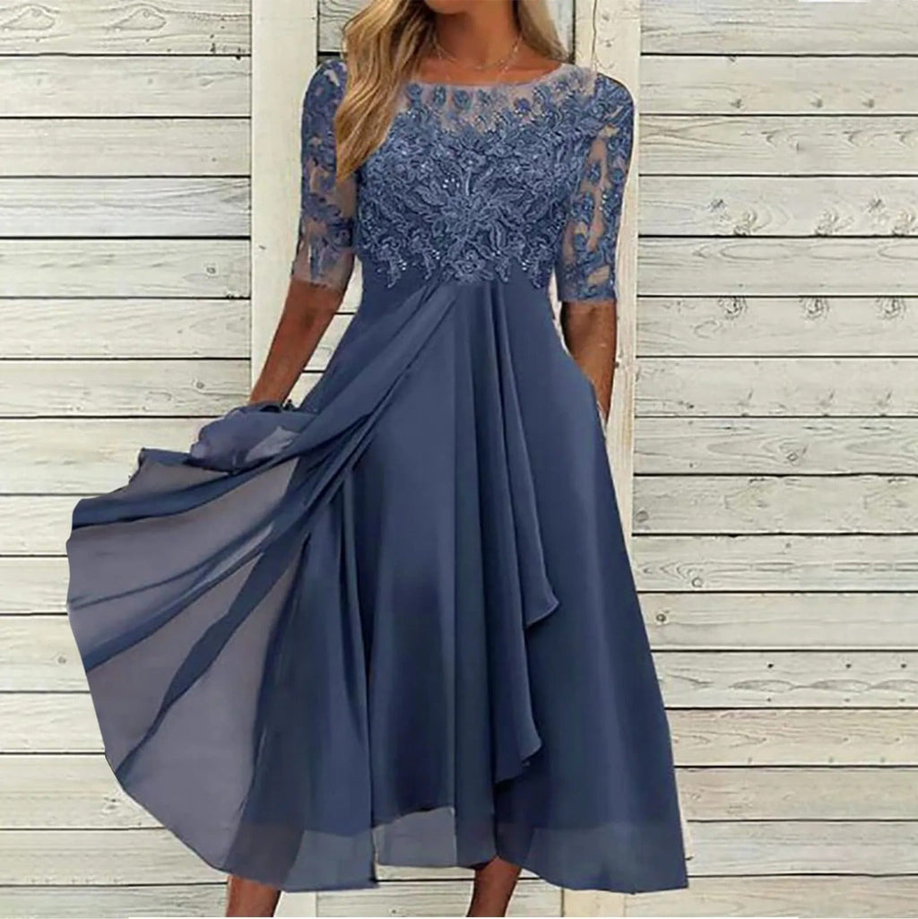Lace embroidered chiffon midi cocktail dress with half sleeves and draped asymmetric skirt - view 5