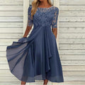 Lace embroidered chiffon midi cocktail dress with half sleeves and draped asymmetric skirt - view 5