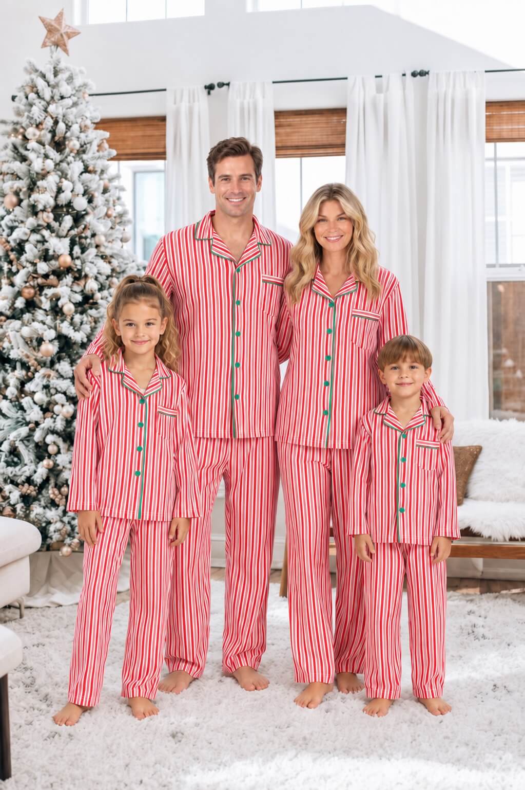 Red and white candy stripe matching family Christmas pyjamas with green piping