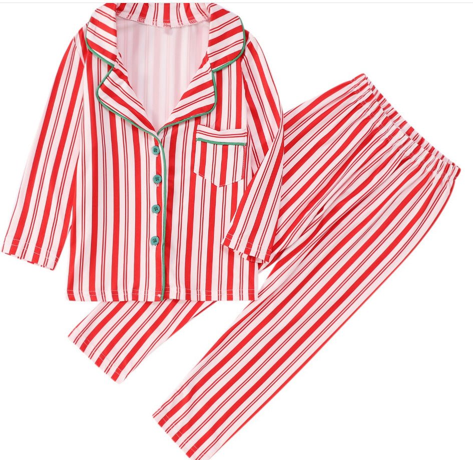 Red and white candy stripe matching family Christmas pyjamas with green piping - view 11